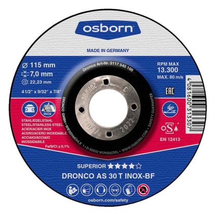 (3117545) 115X7X22 Osborn AS 30 T INOX Long Life DPC Grinding Disc