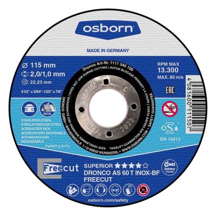 (1233340) 230X3>2X22 Osborn FREE CUT Metal DPC Cutting Disc (Inox)