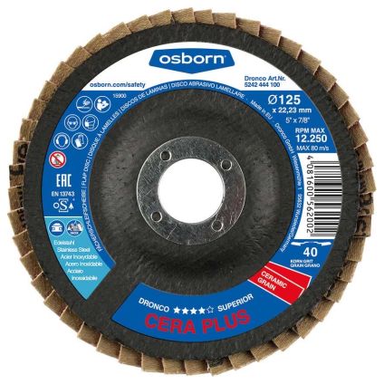 (5211444) 115X22 Osborn G-AK Tapered Ceramic Flap Disc (40 Grit)