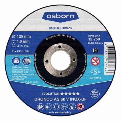 *EOL* (1121246) 125X1.0X22 Osborn AS 60 V Metal Flat EVO Cutting Disc (Inox)