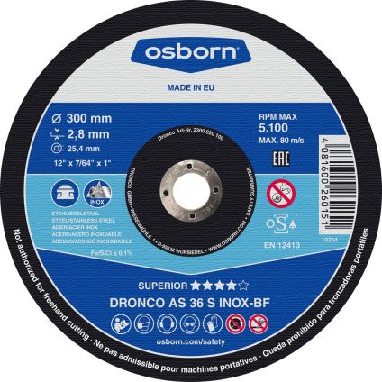 (2300920) 300X2.8X25 Osborn AS 36 Metal Flat Cutting Disc (Inox)
