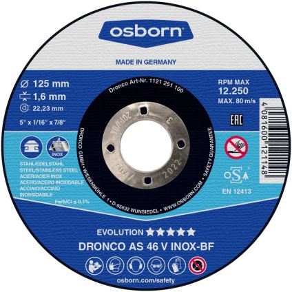 (1121251) 125X1.6X22 Osborn AS 46 V Metal Flat EVO Cutting Disc (Inox)