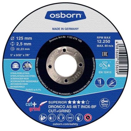 (1123270) 125X2.5X22 Osborn Cut & Grind Metal DPC Cutting Disc (Inox)
