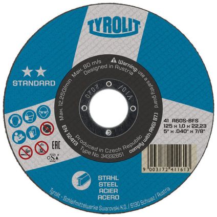 115x1.0x22 Tyrolit Steel Standard Flat Cutting Disc A60S (34332840)
